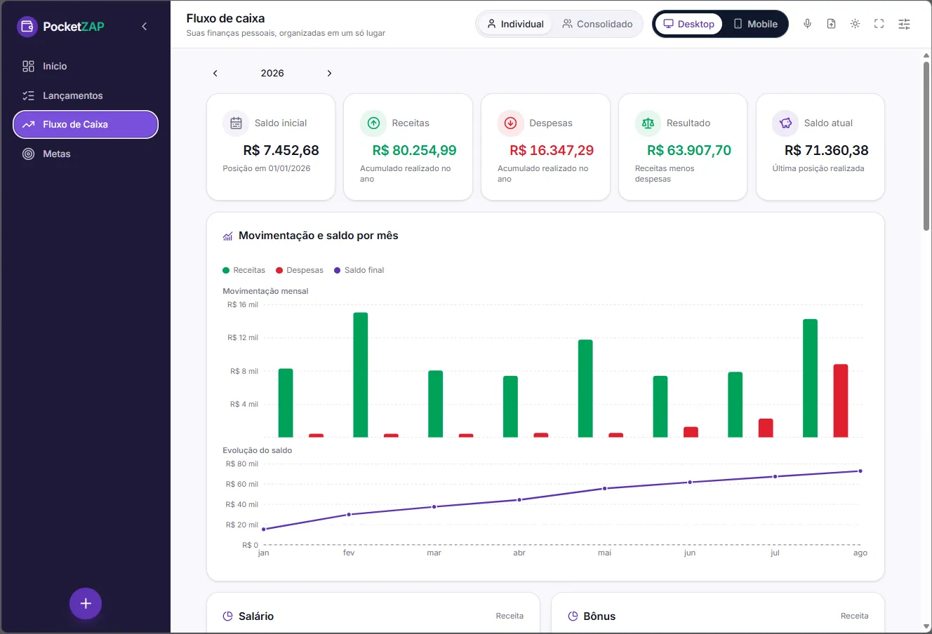 Fluxo de caixa — movimentação do PocketZAP no desktop